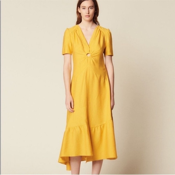 Sandro Paris Tamara Linen Asymmetric Cutout Gathered Twill Yellow Dress Size 34 - Picture 12 of 13